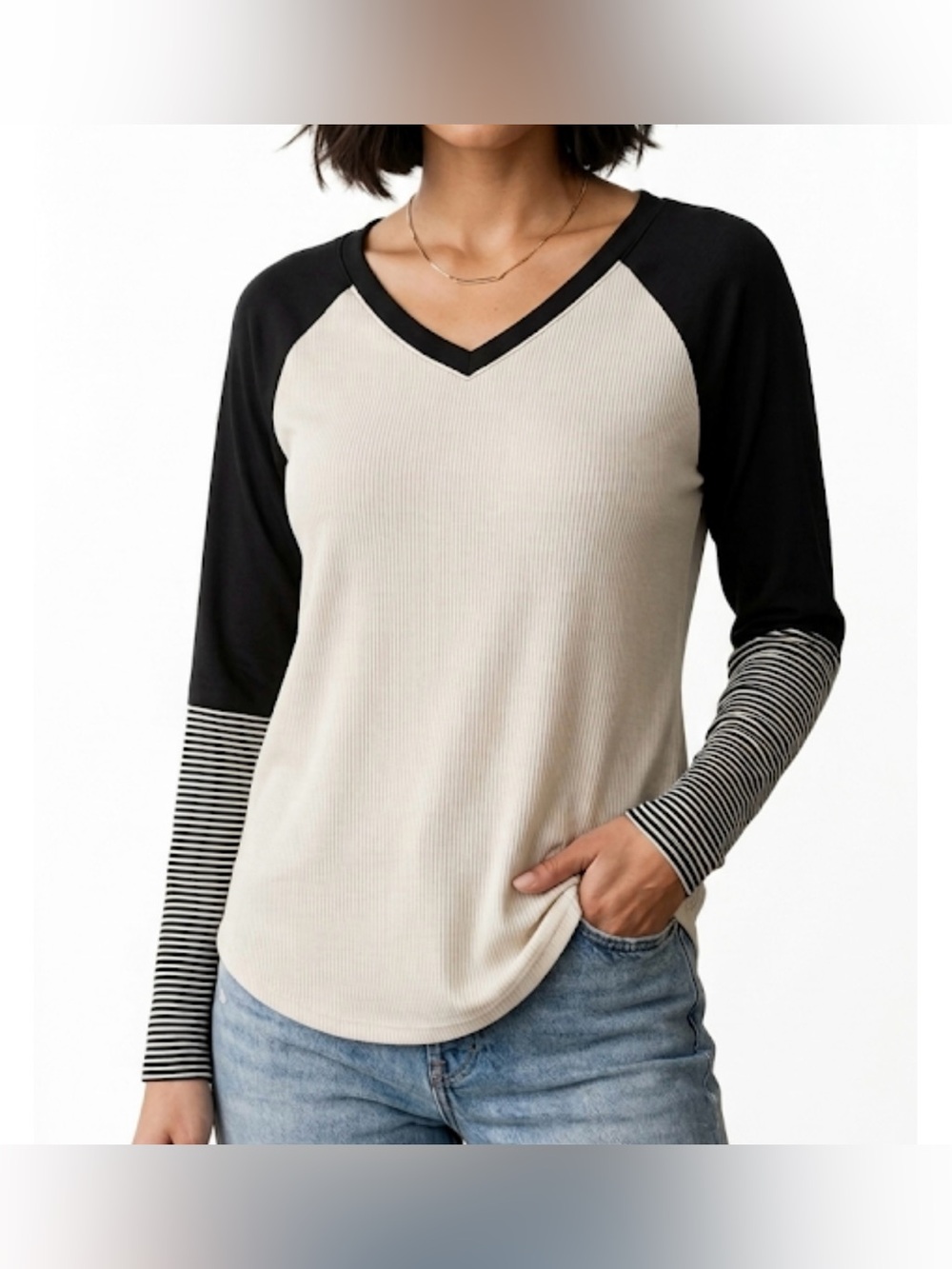 Ces Femme Black and Cream Long Sleeve Top
